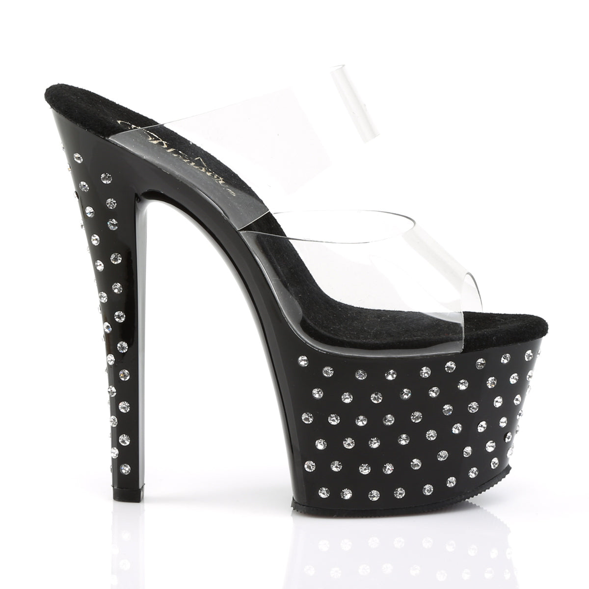 Pleaser STARDUST-702 Clear / Black Rhinestone Platform Mules - 7 Inch Heels