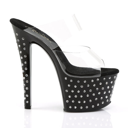 Pleaser STARDUST-702 Clear / Black Rhinestone Platform Mules - 7 Inch Heels