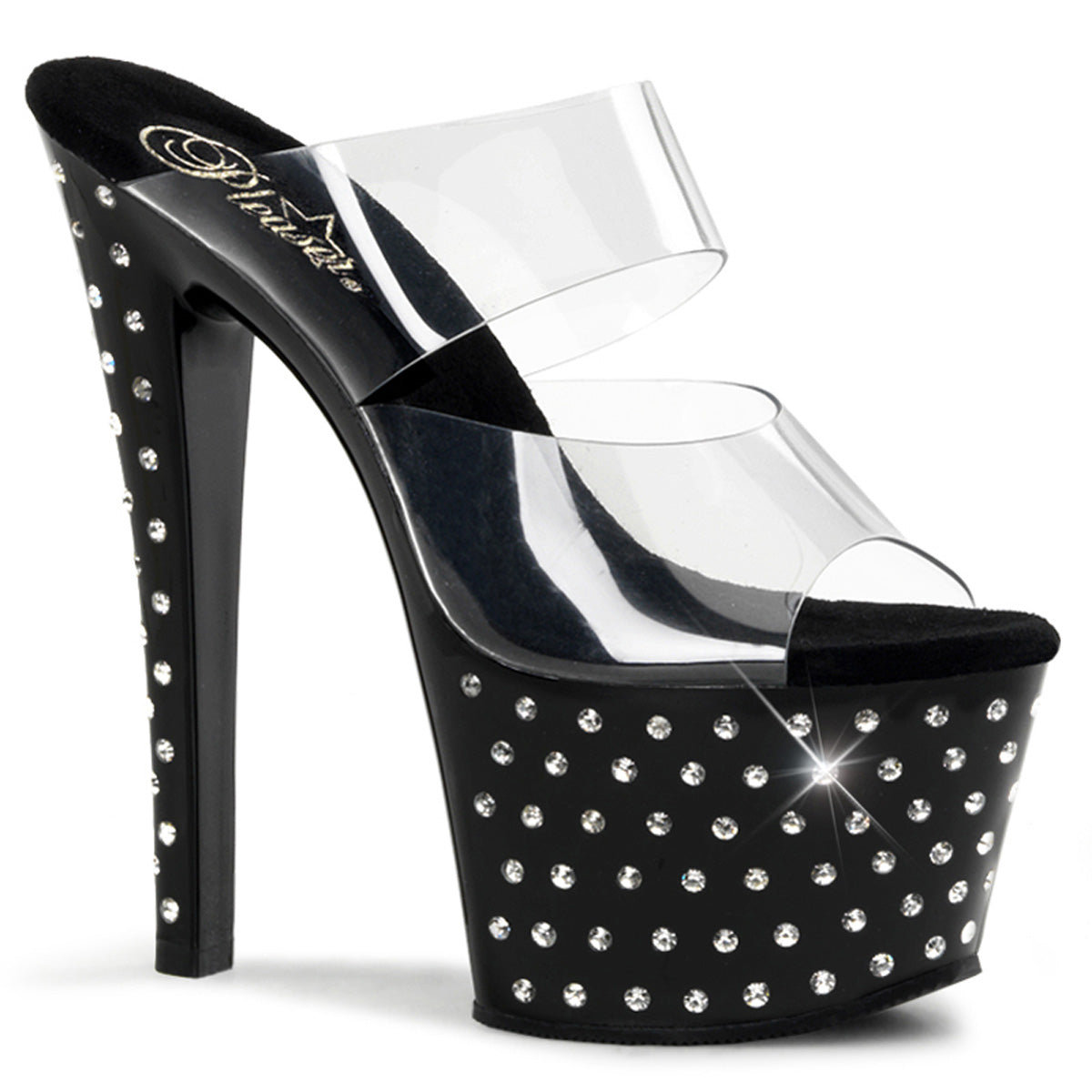 Pleaser STARDUST-702 Clear / Black Rhinestone Platform Mules - 7 Inch Heels