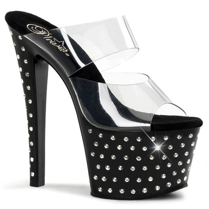 Pleaser STARDUST-702 Clear / Black Rhinestone Platform Mules - 7 Inch Heels