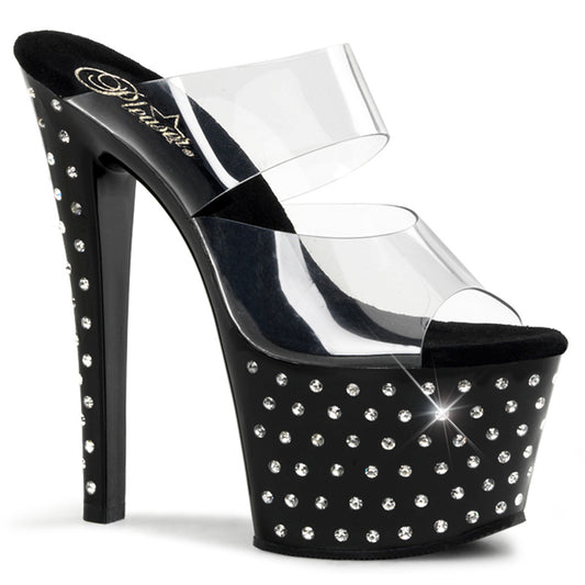 Pleaser STARDUST-702 Clear / Black Rhinestone Platform Mules - 7 Inch Heels
