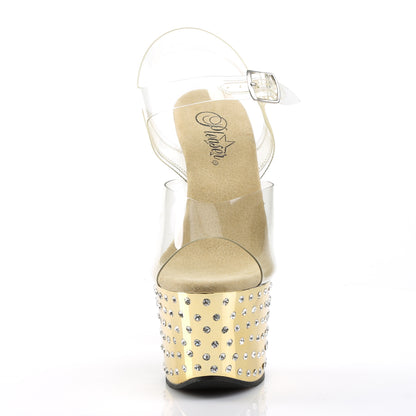 Pleaser STARDUST-708 Clear / Gold Chrome Rhinestone Platform Sandals - 7 Inch Heels