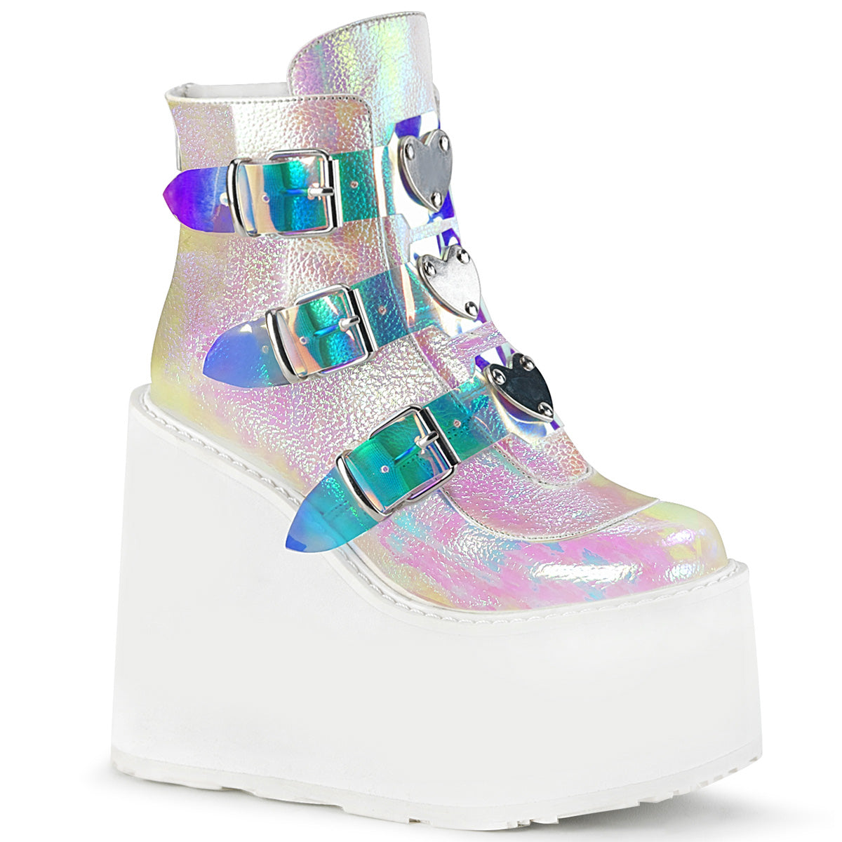 SWING-105 Demonia Cult Pearl Iridescent Alternative Women's Ankle Boots Pearl Iridescent Vegan Leather