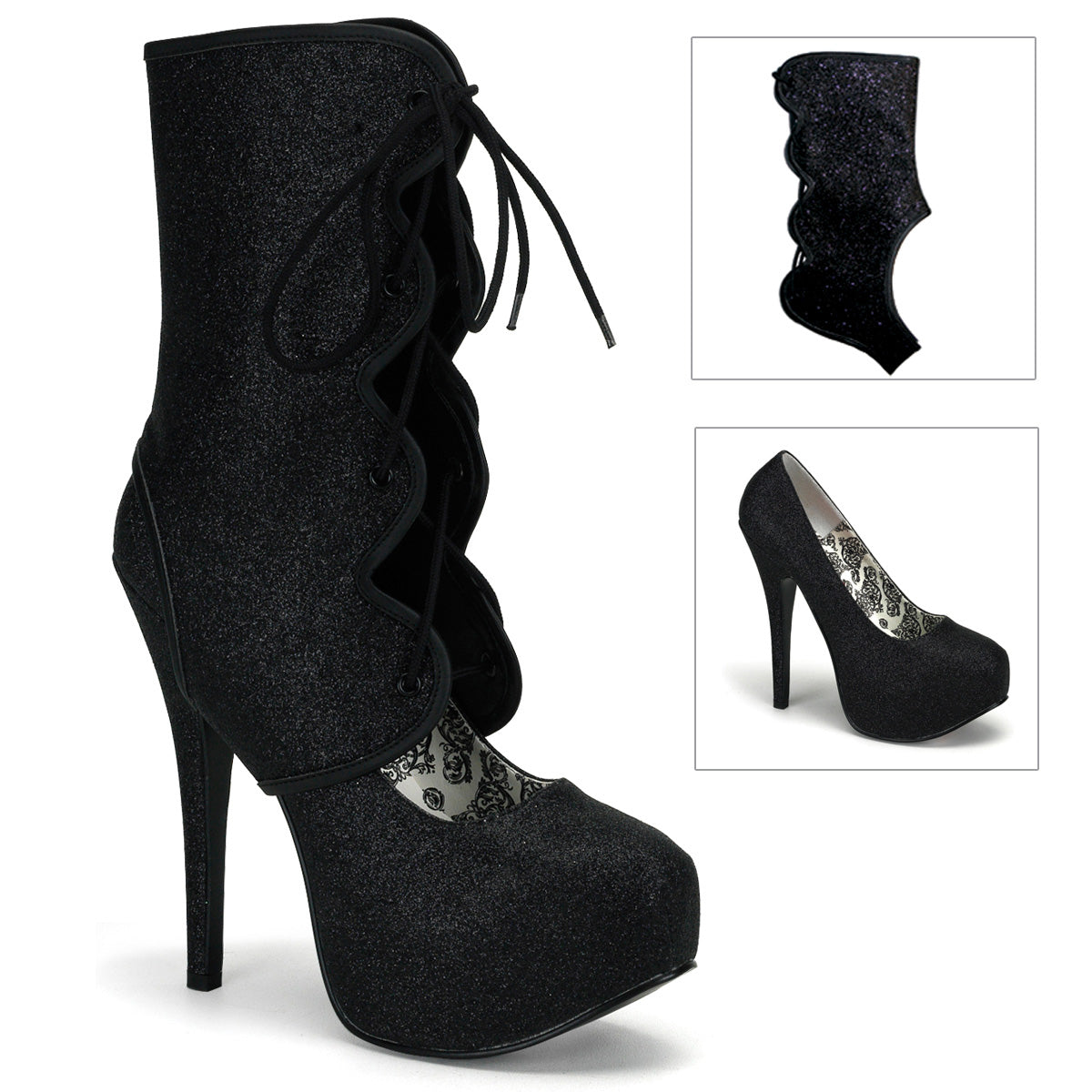 TEEZE-31G Bordello Black Glitter 5.8 Inch Hidden Platform Shoes UK 3 (EU 36 US 6) Black Mini Glitter