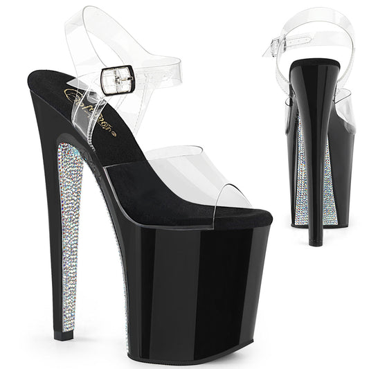 XTREME-808CRS Pleaser 8" Heel Clear/Black Silver Rhinestones Platforms (Exotic Dancing)