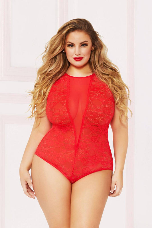 STM10863X Seven Til Midnight Allover lace and mesh teddy - Red