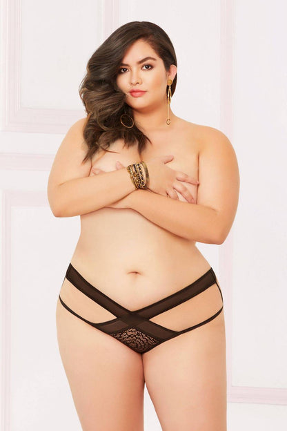 STM10901X Seven Til Midnight Lace and mesh open crotch panty with criss-cross detail - Black