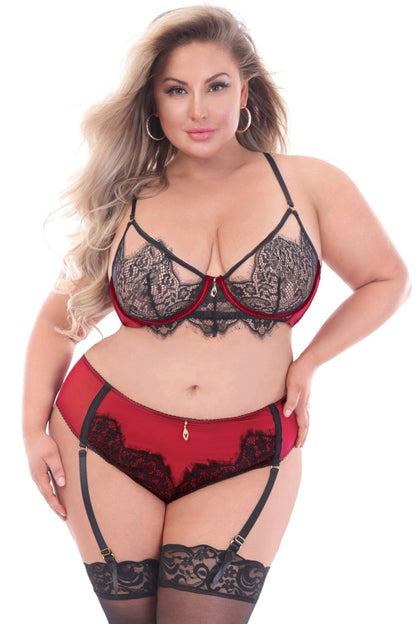 STM11155X Seven Til Midnight Two Piece Bra Set. Eyelash Lace And Mesh Long Line Bra With Open Lace Cups Red Red