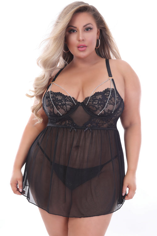 STM11159X Seven Til Midnight Two Piece Babydoll Set. Lace And Mesh Babydoll With Rhinestone Chain Cup Detail Black