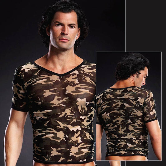 BLM020 Blue Line Male Bedroom Wear Mesh V-Neck Tee Grey Camo