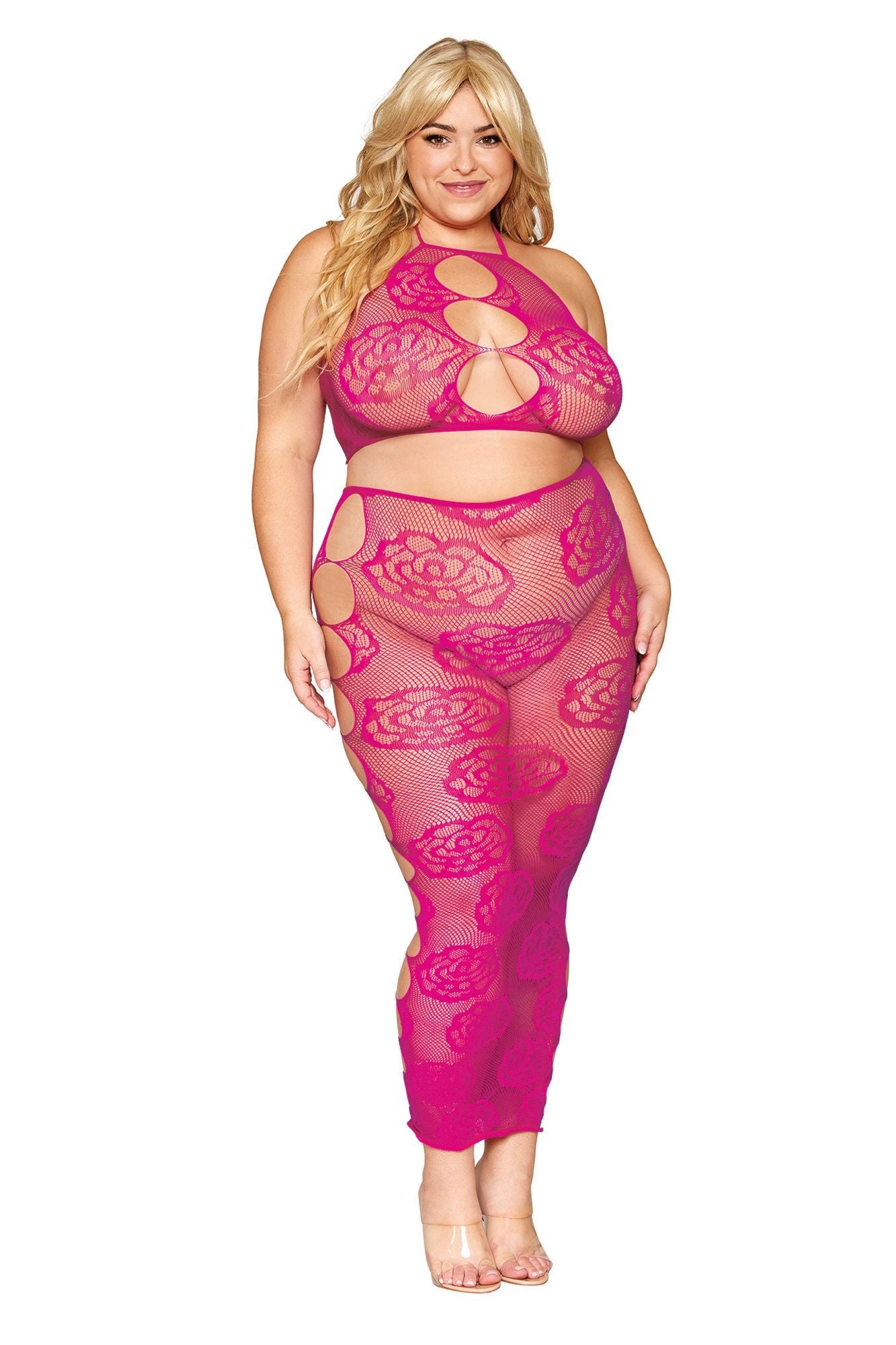 DG0485X Sexy Plus Size Seamless Bralette and Long Skirt Set with Knitted Large Rose and Fishnet Pattern