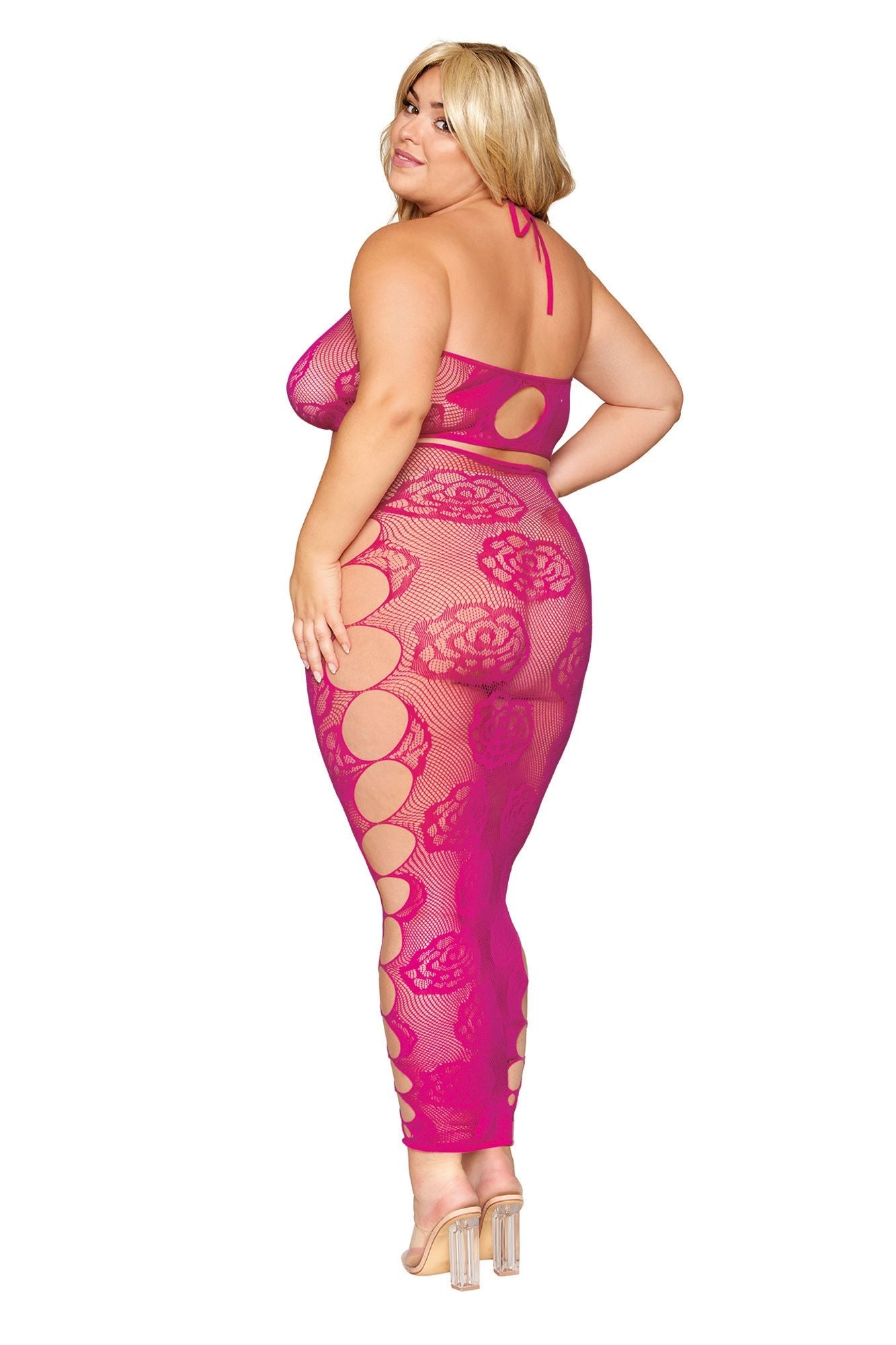 DG0485X Sexy Plus Size Seamless Bralette and Long Skirt Set with Knitted Large Rose and Fishnet Pattern