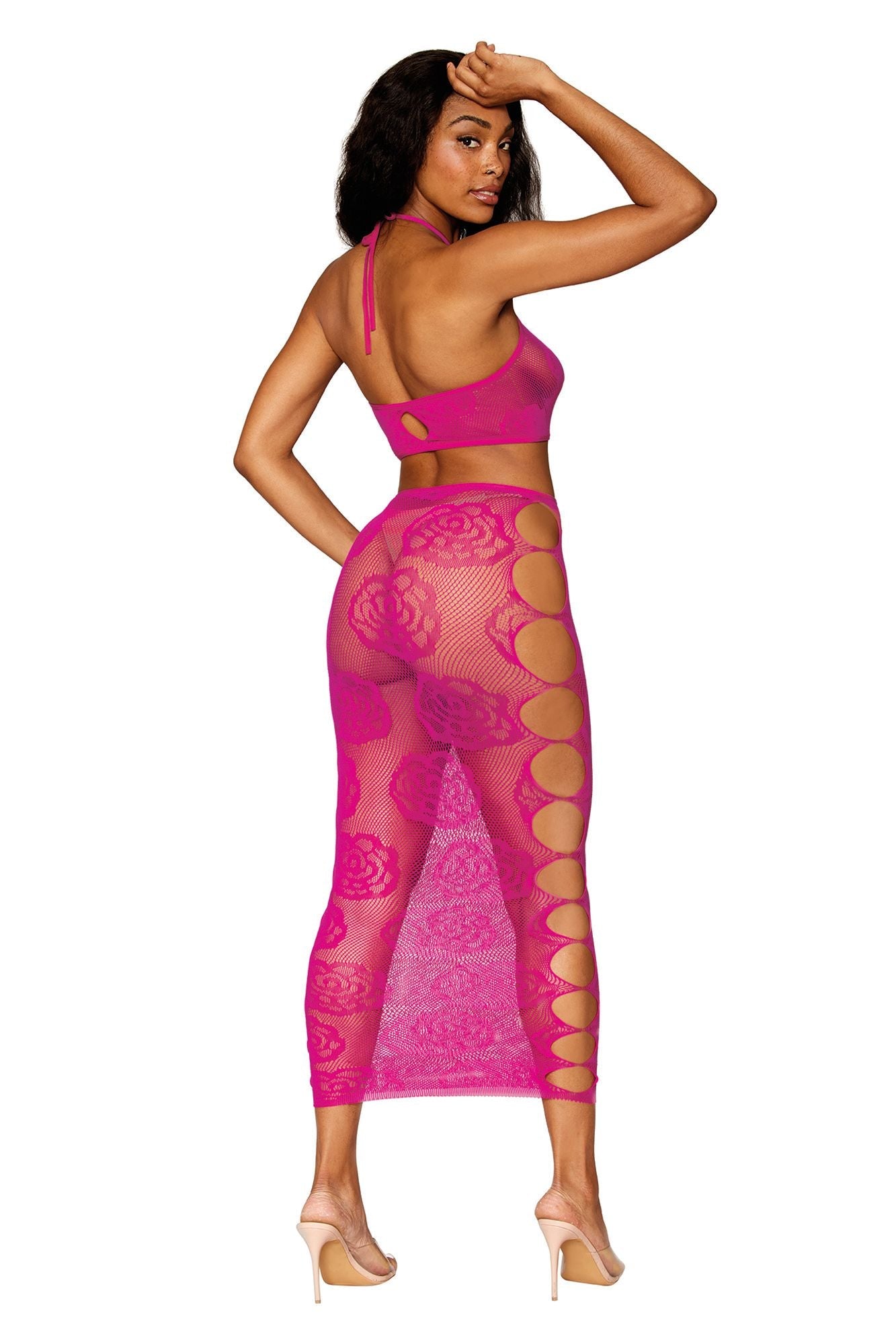 DG0485 Sexy Seamless Bralette and Long Skirt Set with Knitted Large Rose and Fishnet Pattern