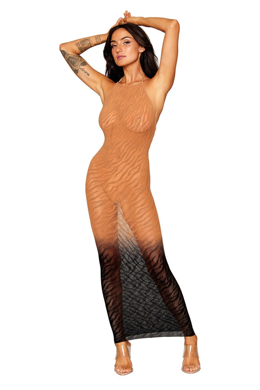 DG0488 Sexy Seamless Zebra Knit Design Bodystocking Gown with Two-Tone Ombre Color