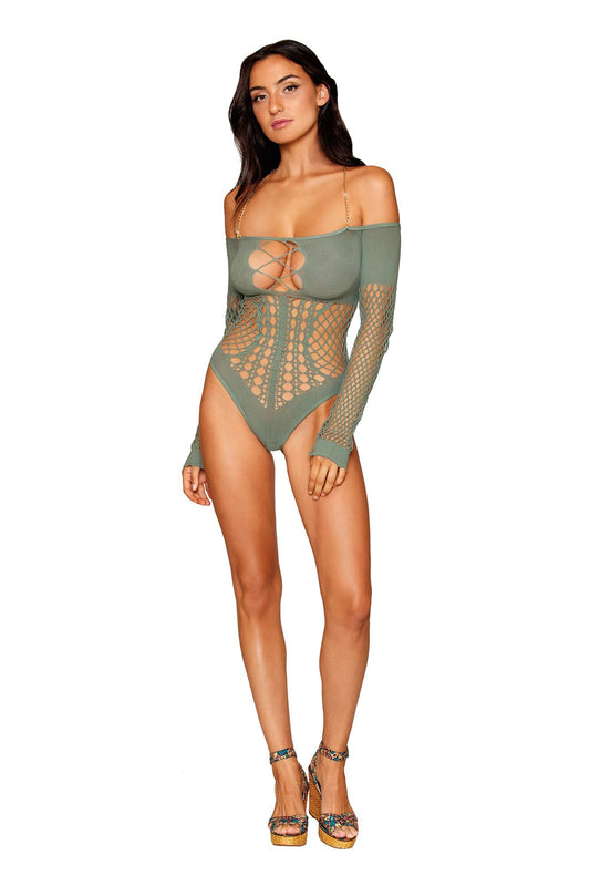 DG13269  Sexy Seamless Fishnet Long Sleeve Teddy