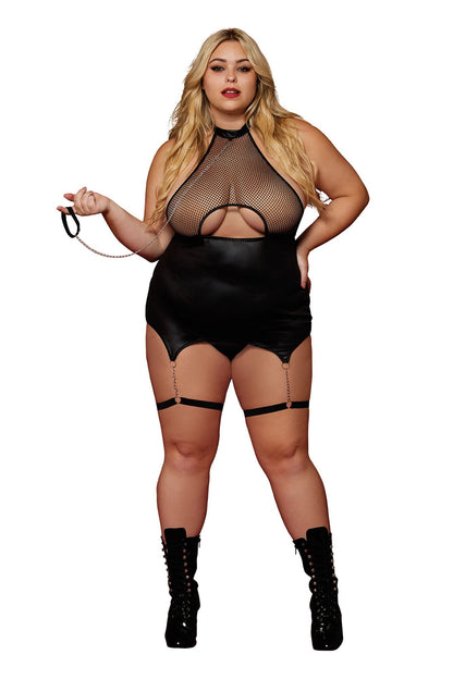 DG13295X Sexy Fetish Plus Size Stretch Fishnet Garter Slip and Leash Set Queen Black