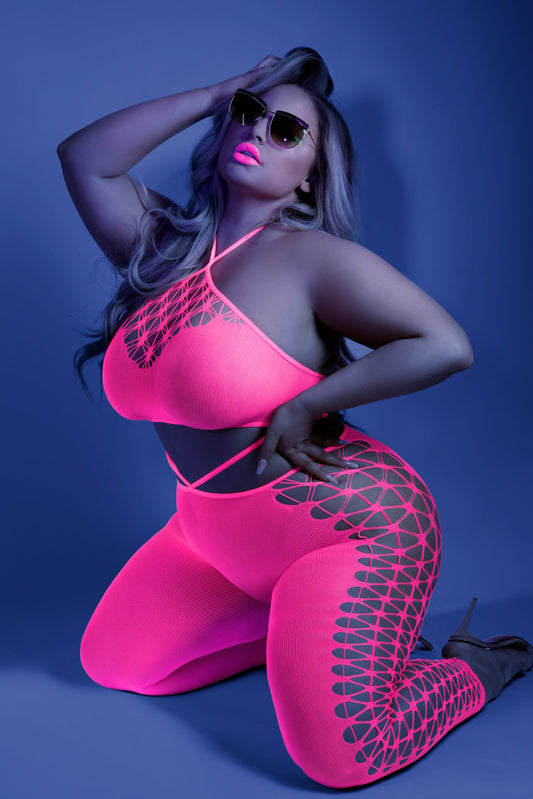 FL-GL2109X Fantasy Lingerie Exotic Dancewear Own The Night Cropped Cutout Halter Bodystocking QUEEN Neon Pink