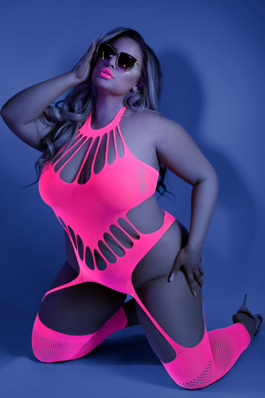 FL-GL2111X Fantasy Lingerie Exotic Dancewear No Promises Teddy Bodystocking QUEEN Neon Pink