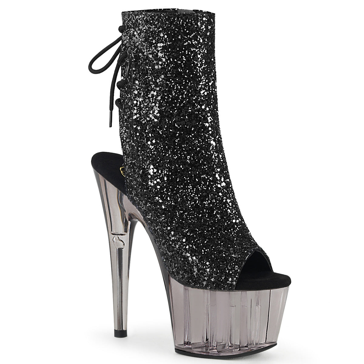 ADORE-1018GT Strippers Heels Pleaser Platforms (Exotic Dancing) Blk Glitter/Smoke Tinted