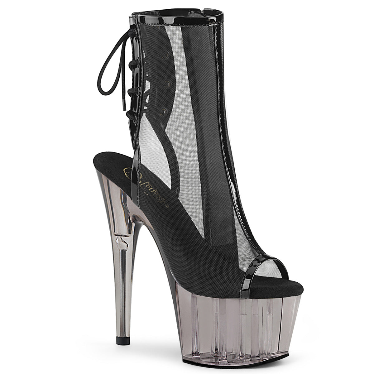 ADORE-1018MSHT Strippers Heels Pleaser Platforms (Exotic Dancing) Blk Pat-Mesh/Smoke Tinted