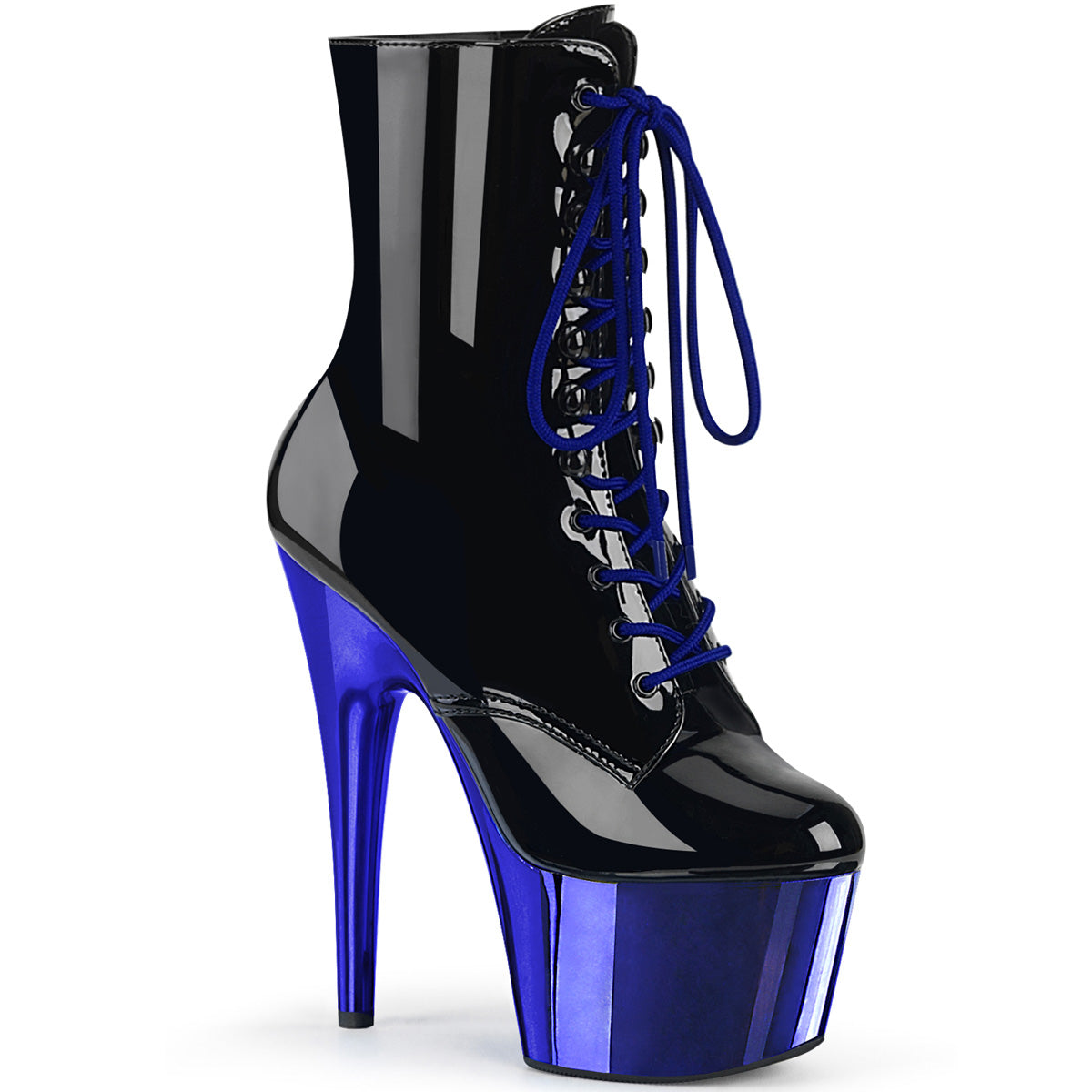 ADORE-1020 Strippers Heels Pleaser Platforms (Exotic Dancing) Blk Pat/Royal Blue Chrome