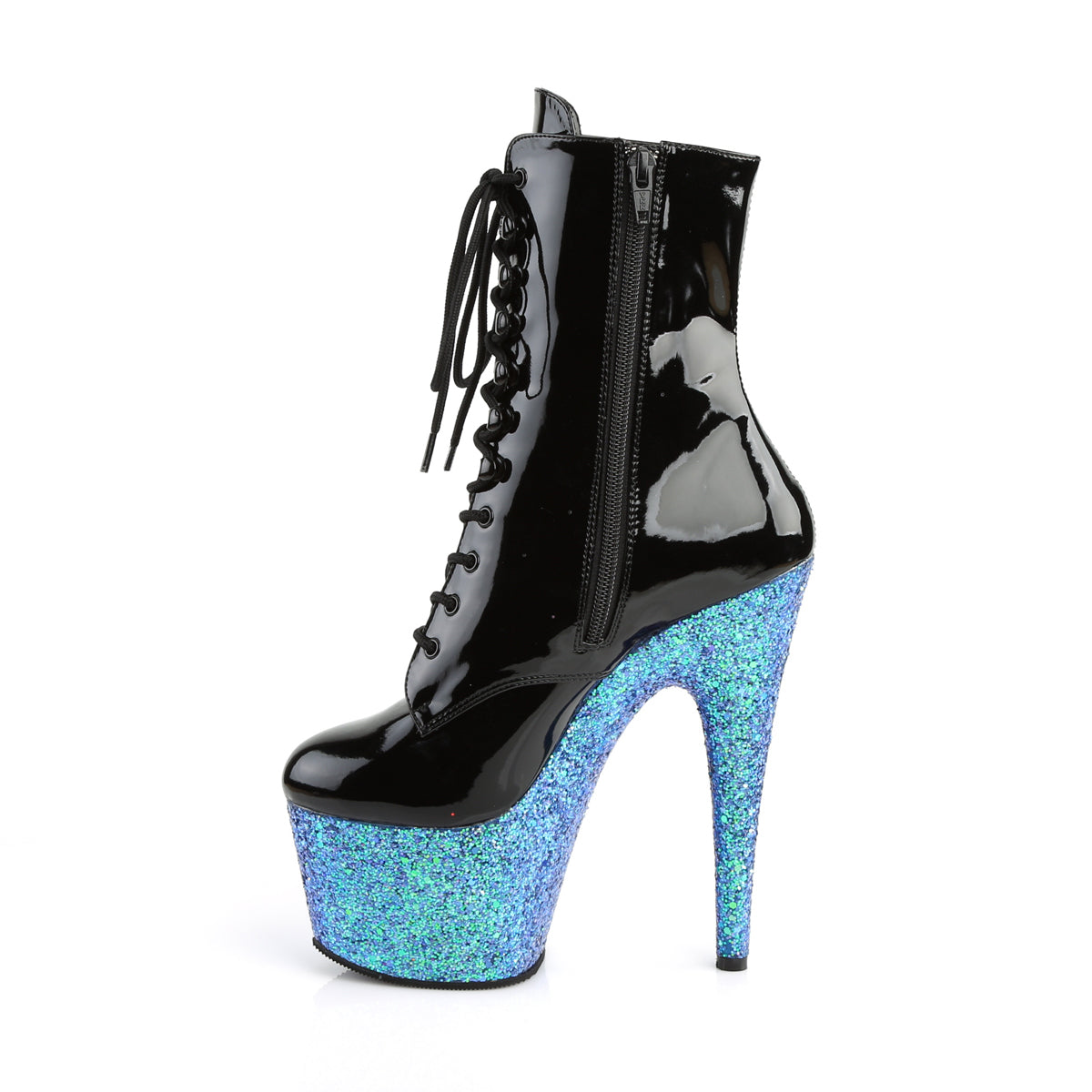 ADORE-1020LG Pleaser Black Patent/Blue Multi Glitter Platform Shoes [Exotic Dance Ankle Boots]