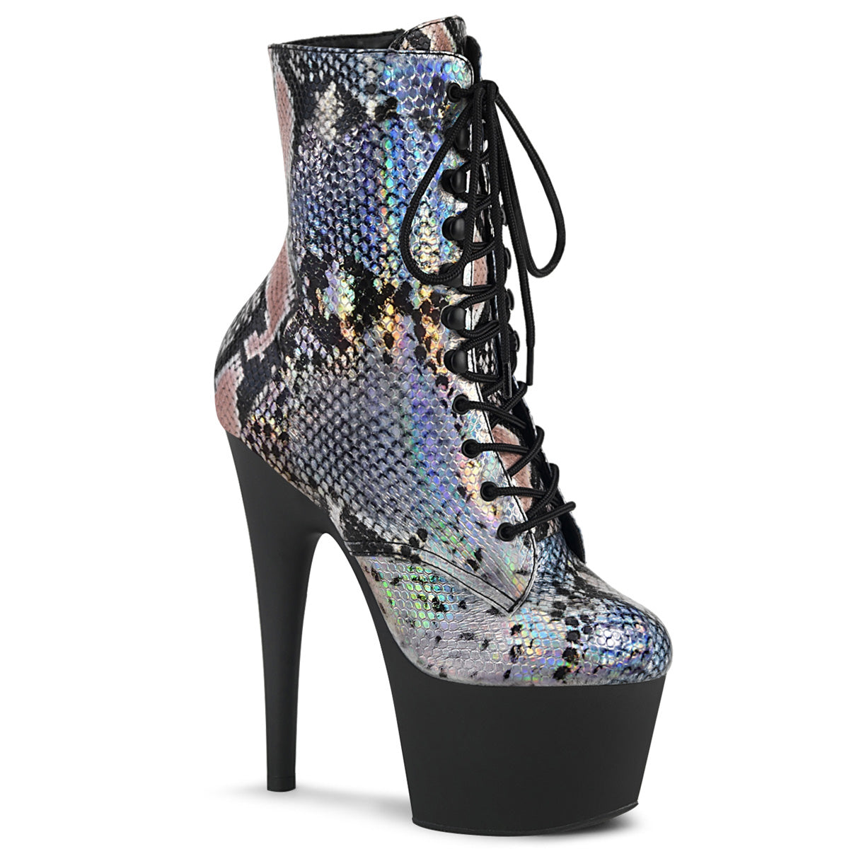 ADORE-1020SP Strippers Heels Pleaser Platforms (Exotic Dancing) Slv Holo Snake Print/Blk Matte