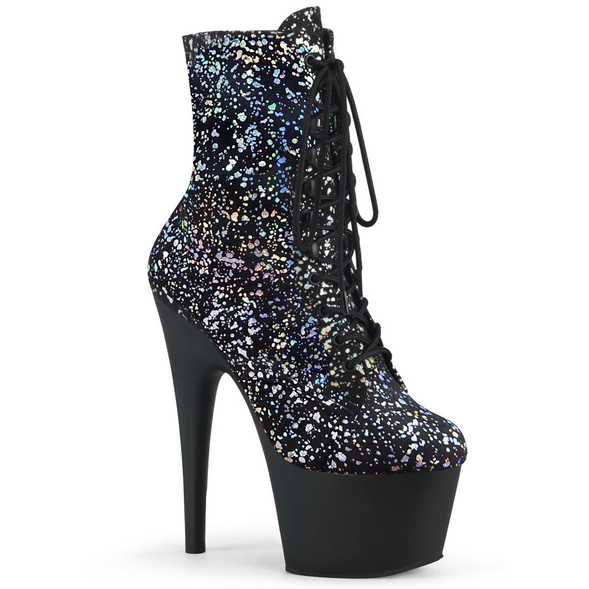 ADORE-1020SPLAT Strippers Heels Pleaser Platforms (Exotic Dancing) Blk Velvet-Slv Holo/Blk Matte