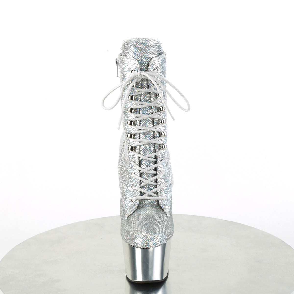 ADORE-1020SQ-02 Pleaser Silver Holo Sequins/Silver Chrome Platform Shoes [Exotic Dance Ankle Boots]