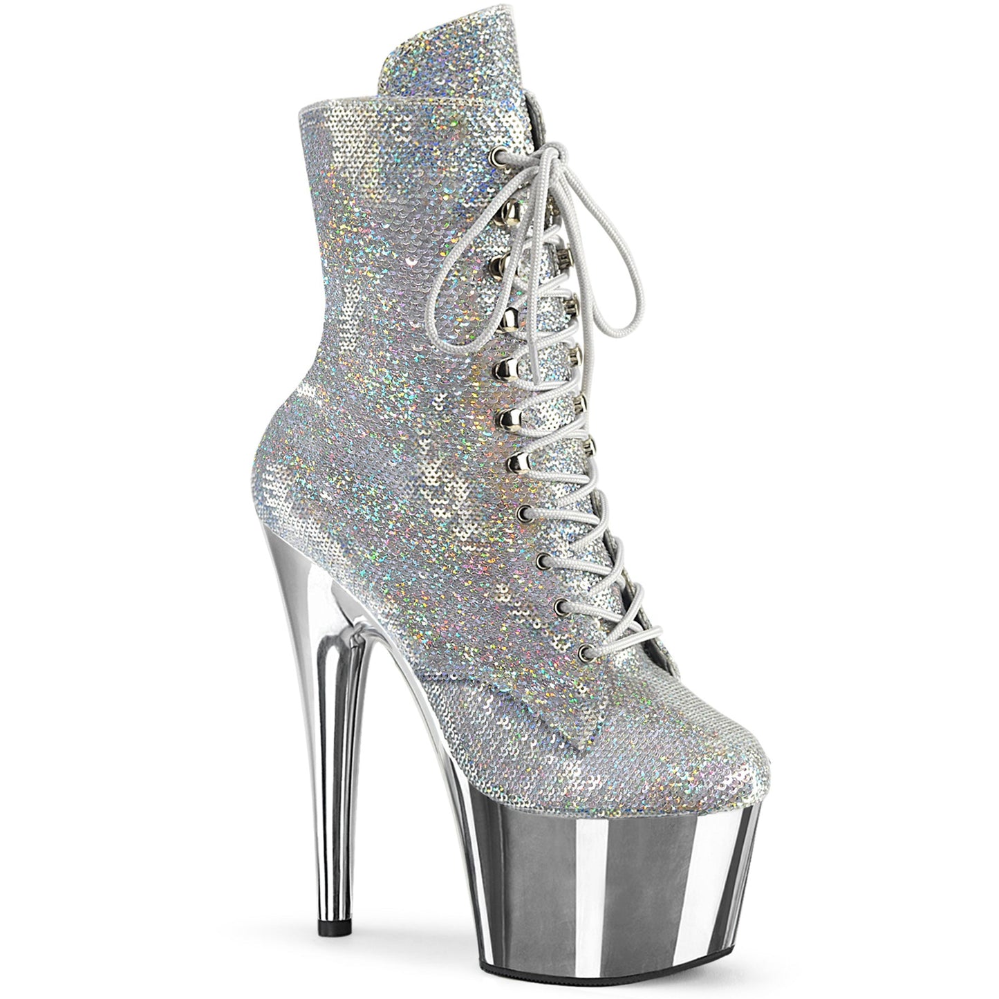 ADORE-1020SQ-02 Pleaser Silver Holo Sequins/Silver Chrome Platform Shoes [Exotic Dance Ankle Boots]