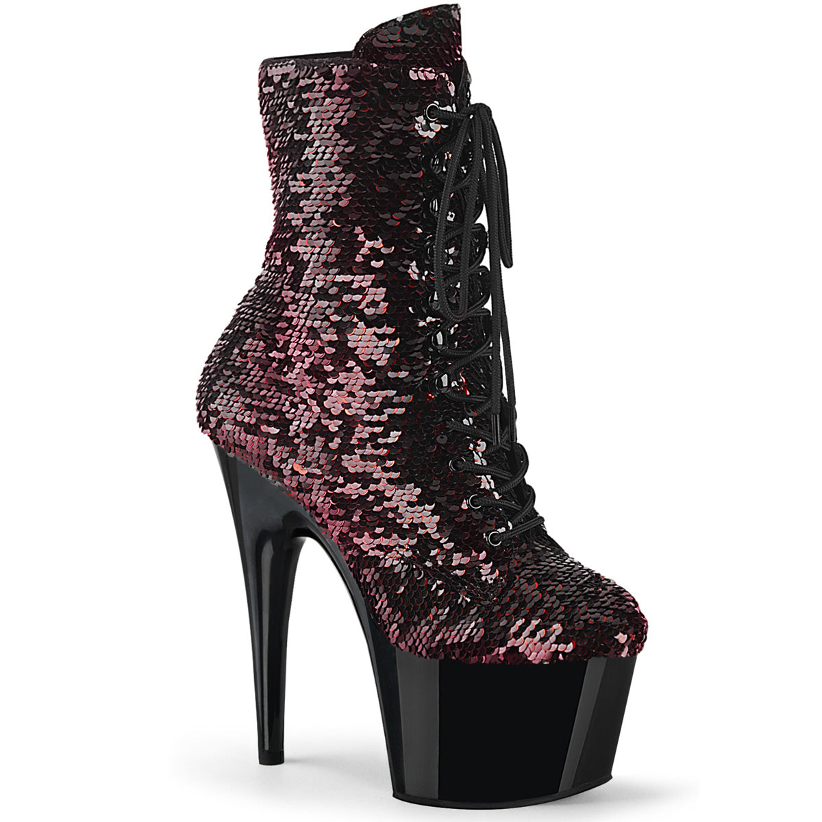 ADORE-1020SQ Strippers Heels Pleaser Platforms (Exotic Dancing) Blk-Red Flip Sequins/Blk