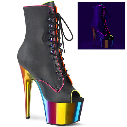 ADORE-1021RC-02 Strippers Heels Pleaser Platforms (Exotic Dancing) Blk Faux Leather/Rainbow Chrome