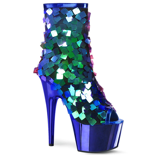 ADORE-1031SSQ Strippers Heels Pleaser Platforms (Exotic Dancing) Iri.Green Sequins-R.Blue MetPu/R.BlueChrome