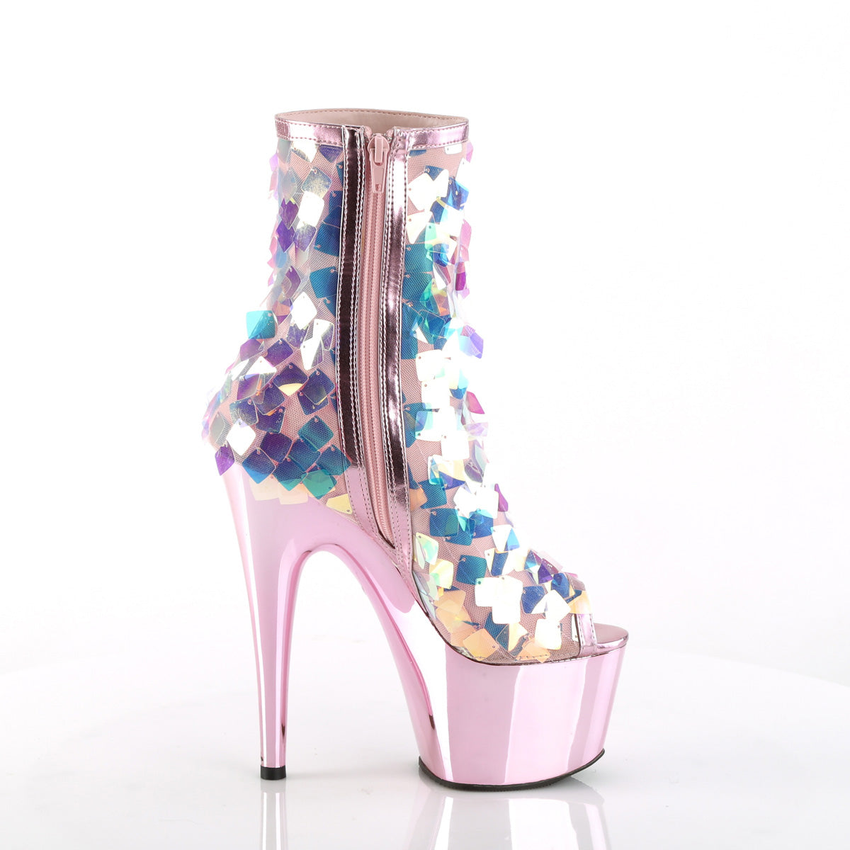 ADORE-1031SSQ Pleaser Iri.Opal Sequin-B.Pink Met Pu/B.Pink Chrome Platform Shoes [Sexy Ankle Boots]