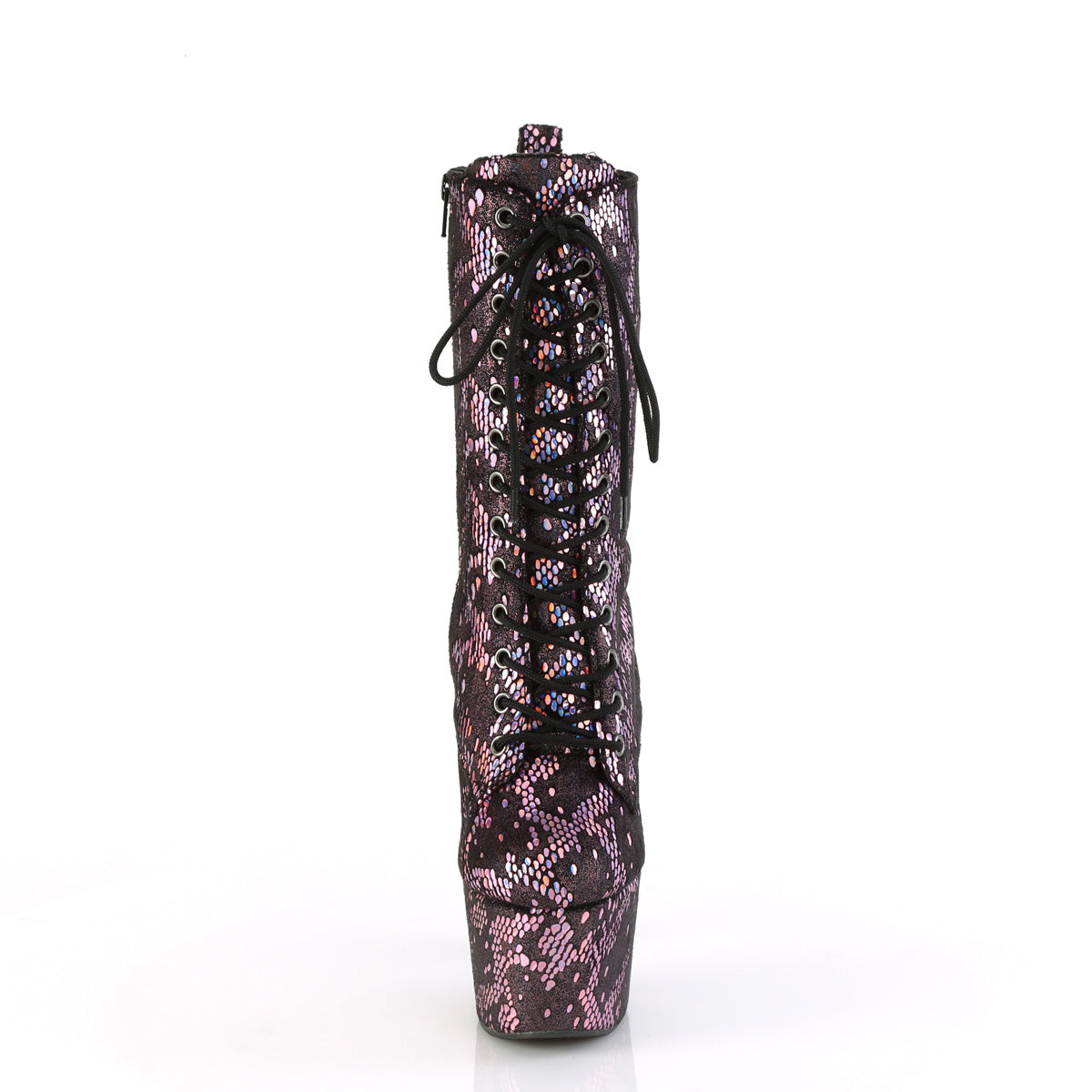 ADORE-1040SPF Pleaser B Pink Metallic Holo Snake Print Fabric Platform Shoes [Exotic Dance Ankle Boots]