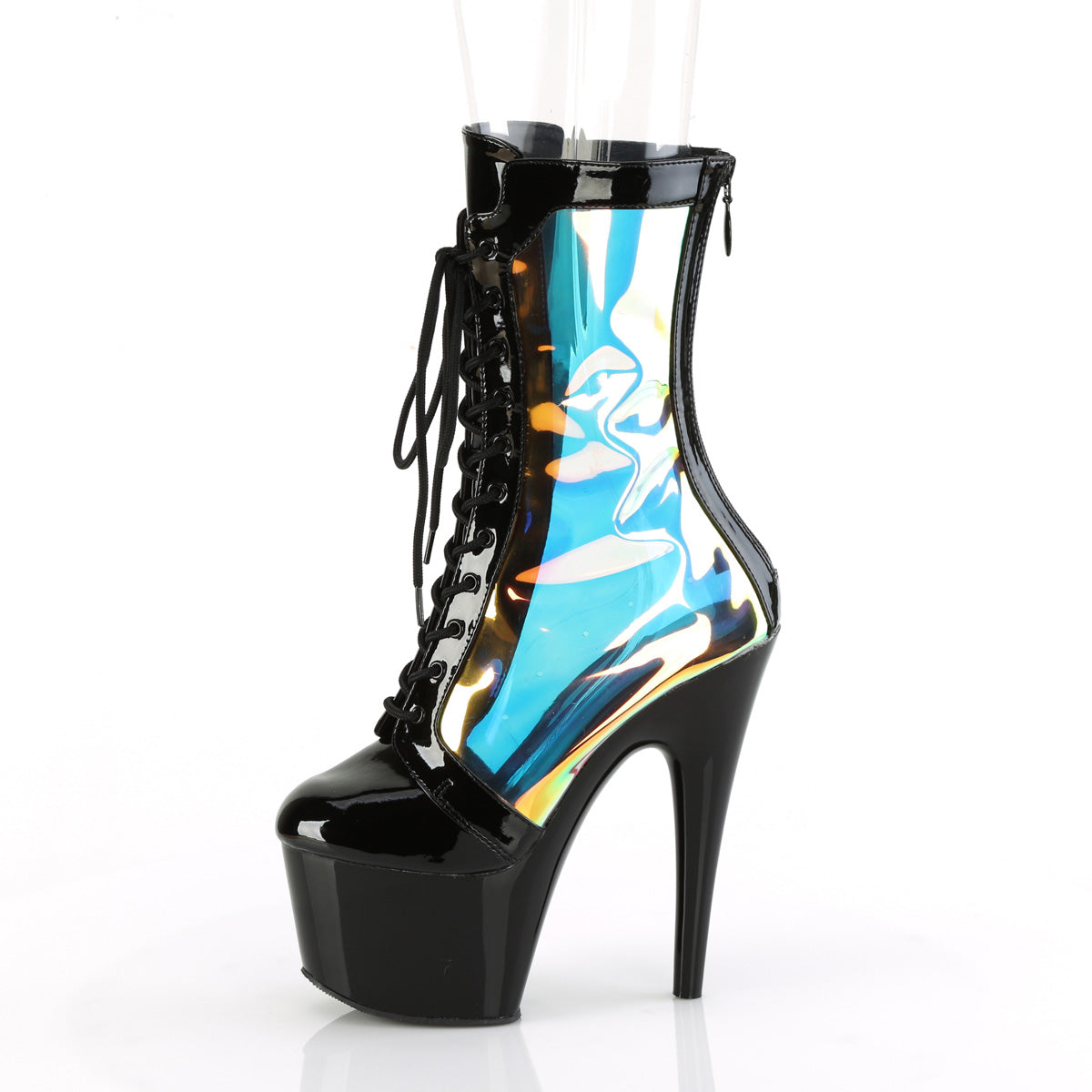 ADORE-1047 Pleaser Black Patent-Holo/Black Platform Shoes [Exotic Dance Ankle Boots]