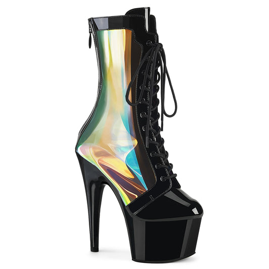 ADORE-1047 Pleaser Black Patent-Holo/Black Platform Shoes [Exotic Dance Ankle Boots]