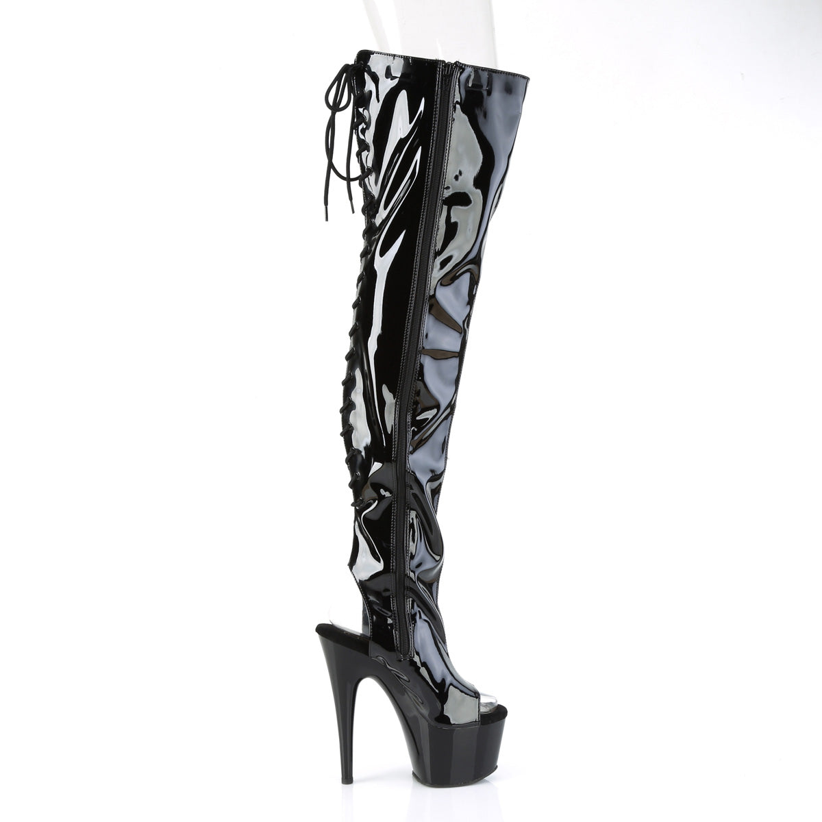 ADORE-3017 Pleaser Black Stretch Patent/Black Platform Shoes [Thigh High Boots]