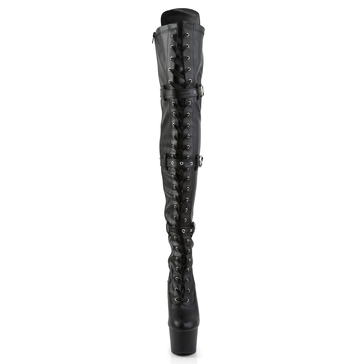 ADORE-3028 Pleaser Black Stretch Faux Leather/Black Matte Platform Shoes [Thigh High Boots]