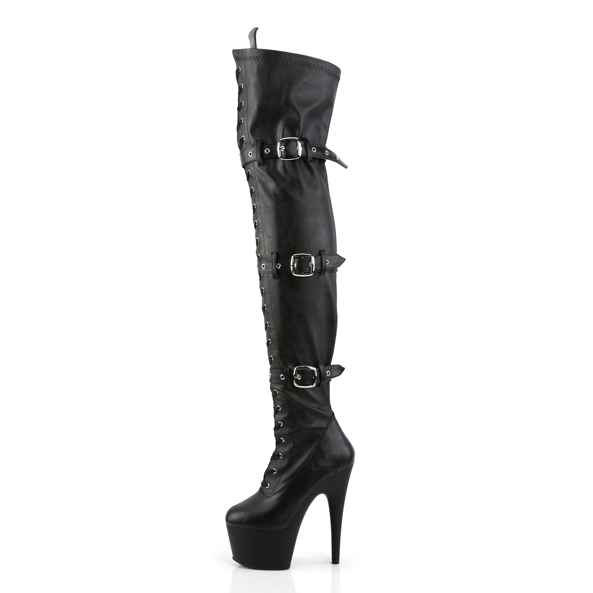 ADORE-3028 Pleaser Black Stretch Faux Leather/Black Matte Platform Shoes [Thigh High Boots]