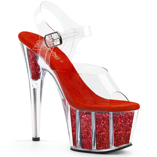 ADORE-708G Strippers Heels Pleaser Platforms (Exotic Dancing) Clr/Red Glitter Inserts