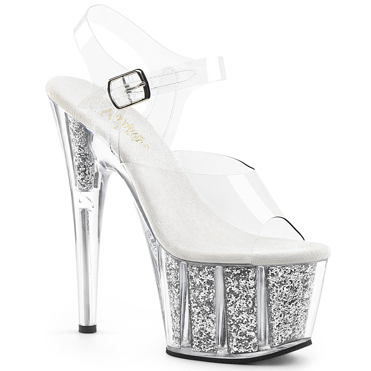 ADORE-708G Strippers Heels Pleaser Platforms (Exotic Dancing) Clr/Silver Glitter Inserts