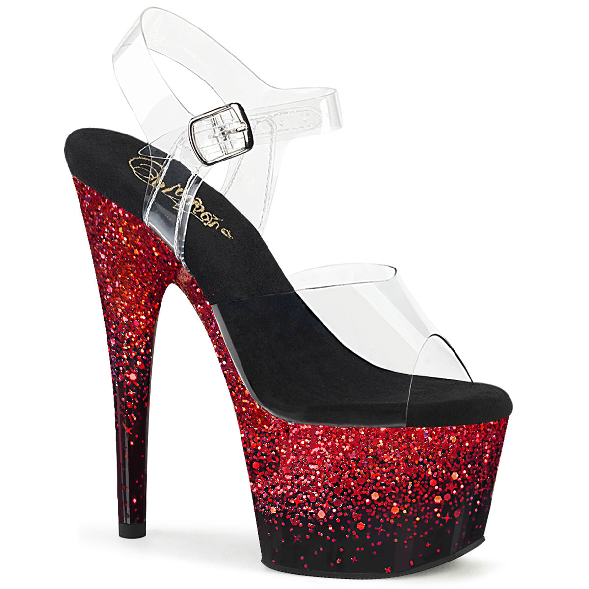 ADORE-708SS Strippers Heels Pleaser Platforms (Exotic Dancing) Clr/Blk-Red Glitter