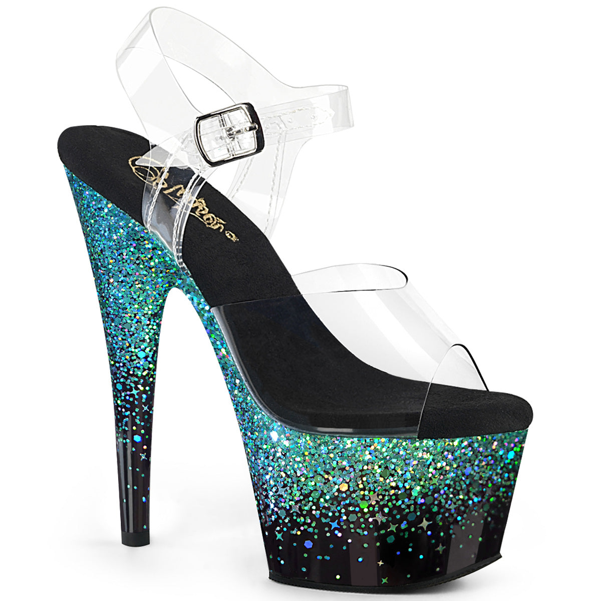 ADORE-708SS Strippers Heels Pleaser Platforms (Exotic Dancing) Clr/Blk-Turquoise Multi Glitter