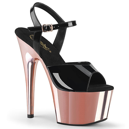 ADORE-709 Strippers Heels Pleaser Platforms (Exotic Dancing) Blk Pat/Rose Gold Chrome