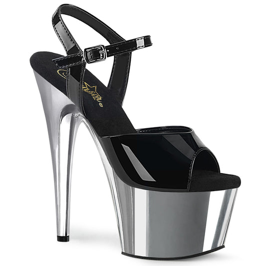 ADORE-709 Strippers Heels Pleaser Platforms (Exotic Dancing) Blk Pat/Slv Chrome