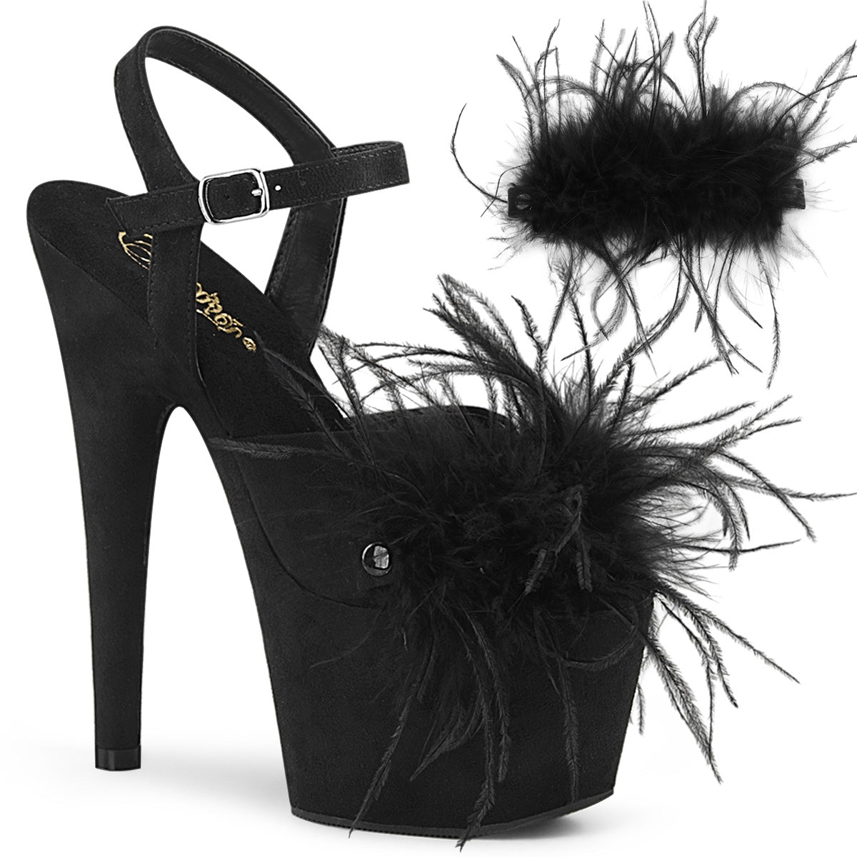 ADORE-709F Strippers Heels Pleaser Platforms (Exotic Dancing) Blk Faux Suede-Feather/Blk Faux Suede