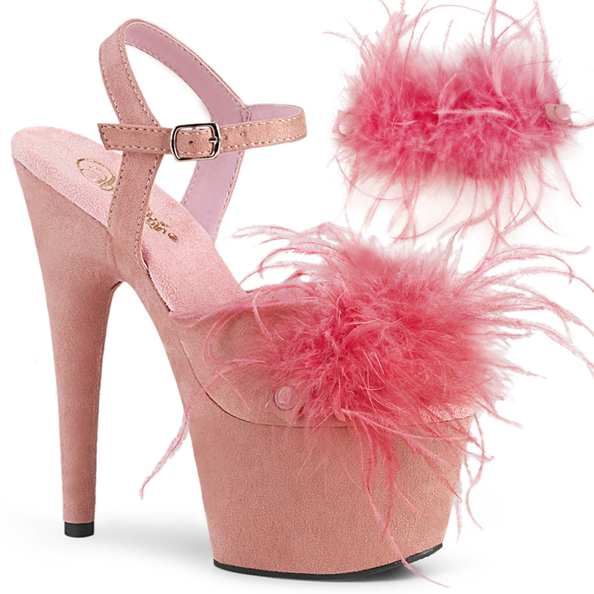 ADORE-709F Strippers Heels Pleaser Platforms (Exotic Dancing) B. Pink F.Suede-Feather/B. Pink F.Suede