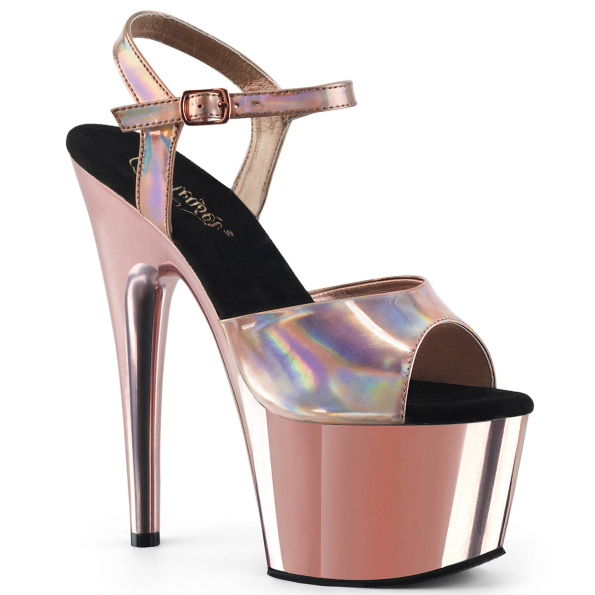 ADORE-709HGCH Strippers Heels Pleaser Platforms (Exotic Dancing) Rose Gold Hologram/Rose Gold Chrome