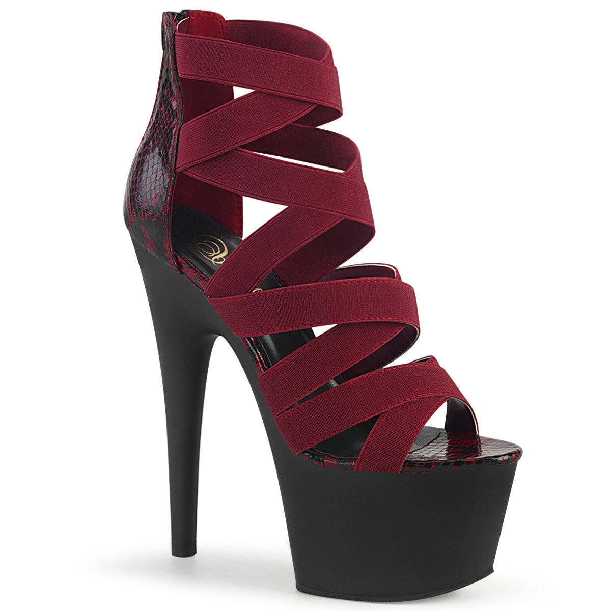 ADORE-748SP Strippers Heels Pleaser Platforms (Exotic Dancing) Wine Elastic Band-Snake Print Pat/Blk Matte